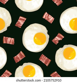 Seamless pattern with delicious bacon and fried eggs. Vector background with mouth watering hot eggs for breakfast on a black backdrop. Suitable for wallpaper, wrapping paper or fabric design