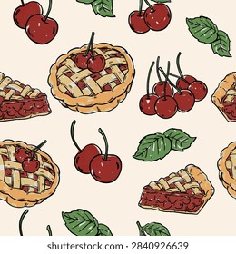 Seamless pattern of delicious cherry pie slices, fresh cherries, and leaves in hand drawn style.