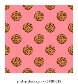 Seamless pattern with delicious chocolate chip cookies on pink background. Vector illustration