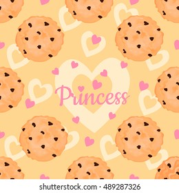 Seamless pattern with delicious chocolate chip cookies, pink hearts for Princess. Cookies with chocolate.