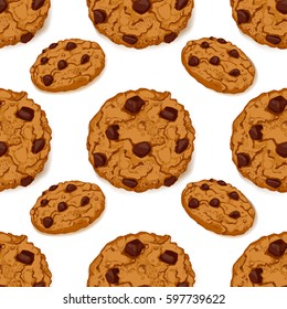 Seamless pattern with delicious chocolate chip cookies. Hand made hand drawn cookies on white background. Vector illustration