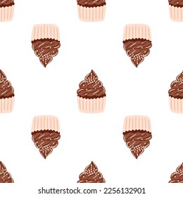 Seamless pattern with delicious chocolate cupcake in cartoon style. Vector background with sweets, dessert, pastries