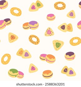Seamless pattern with delicious cookies, bagels and donats. Good for cafe or bakery, wrapping paper, packaging.