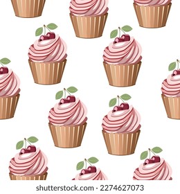 Seamless pattern delicious cream cake decorated with cherry on a white background.Vector pattern for textiles, paper.