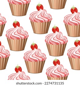 Seamless pattern delicious cream cake decorated with strawberries on a white background.Vector dessert pattern for pastry shops,restaurants,textiles,backgrounds,packages.