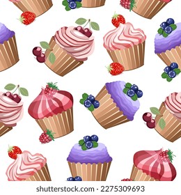 Pasteles de crema sin foco, deliciosos pasteles decorados con bayas: frambuesas, fresas, arándanos, cerezas de fondo blanco.Patrón vectorial para los diseños de menús de restaurantes, pastelerías, textil