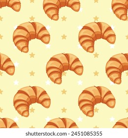 Patrón sin fisuras de deliciosos croissants de media luna. Ilustración de un pan lindo con una pequeña estrella rodeándolo. Patrón para tela y papel de embalaje, Patrón para Fondo de pantalla de diseño y estampados de moda.