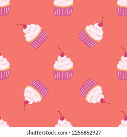 Seamless pattern with delicious cupcake in cartoon style. Vector background with sweets, dessert, pastries.