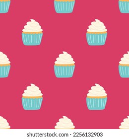 Seamless pattern with delicious cupcake in cartoon style. Vector background with sweets, dessert, pastries