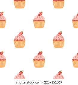 Seamless pattern with delicious cupcake in cartoon style. Vector background with sweets, dessert, pastries.