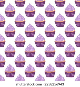 Seamless pattern with delicious cupcake in cartoon style. Vector background with sweets, dessert, pastries.