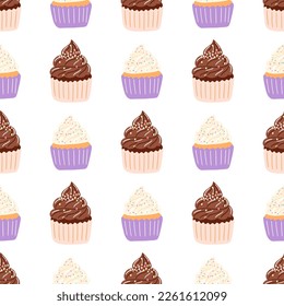 Seamless pattern with delicious cupcake in cartoon style. Vector background with sweets, dessert, pastries