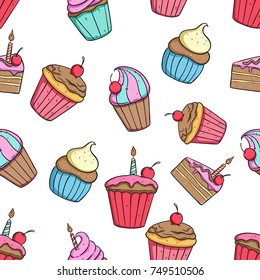 seamless pattern of delicious cupcake with colorful doodle style