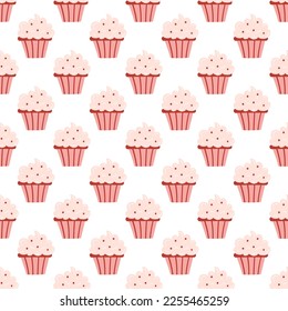 Nahtloses Muster mit köstlichen Cupcakes im Cartoon-Stil. Vektorhintergrund mit Süßigkeiten, Nachtisch, Gebäck auf weißem Hintergrund.