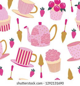 Seamless pattern of delicious cupcakes, chocolate covered strawberries, teapots and teacups for a lovely afternoon tea party. Great for textile print, invitations, or packaging. Vector file.