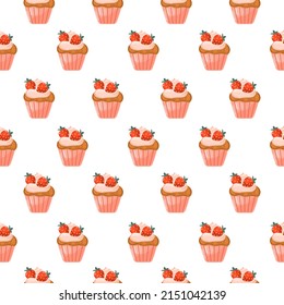 Seamless pattern of delicious cupcakes with strawberries on white background. Great for textile print, invitations, or packaging. Vector illustration.