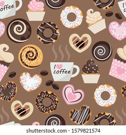 seamless pattern of delicious dessert and Cup of hot coffee. sweet hearts, cupcakes, muffins, coffee beans. The Cup says I love coffee. flat pattern, coffee colors, pink colors. vector illustrat