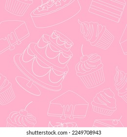 Seamless pattern with delicious desserts, pastries, cupcakes, birthday cakes with celebration candles and chocolate slices. Set of colorful outline, line art vector illustration isolated on background