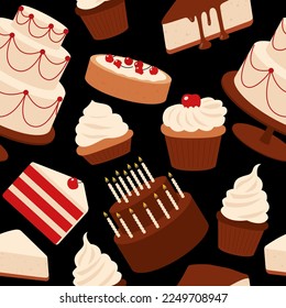 Seamless pattern with delicious desserts, pastries, cupcakes, birthday cakes with celebration candles and chocolate slices. Set of colorful cartoon vector illustrations isolated on background