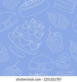 Seamless pattern with delicious desserts, pastries, cupcakes, birthday cakes with celebration candles and chocolate slices. Set of colorful outline, line art vector illustration isolated on background