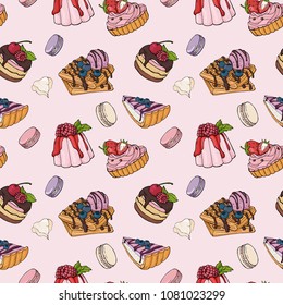 Seamless pattern with delicious desserts. Stylish, colorful sweets with berries and frosting on pink background. Vector illustration in sketch style.