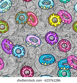 Seamless pattern with delicious donuts. Hand drawn vector illustration. Sweet desserts with fudge.