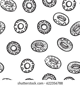 Seamless pattern with delicious donuts. Hand-drawn Vector illustration. Sweet desserts with fudge.