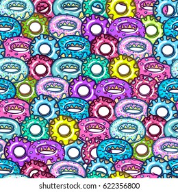 Seamless pattern with delicious donuts. Hand-drawn Vector illustration. Sweet desserts with fudge.