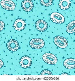 Seamless pattern with delicious donuts. Hand-drawn Vector illustration. Sweet desserts with fudge.