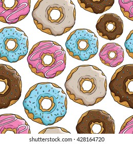 Seamless Pattern of Delicious Donuts With Outline on White Background