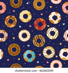 Seamless pattern with delicious donuts. Sweet dessert with chocolate, vanilla, strawberry topping. For textile, print, wrapping paper and wallpaper.