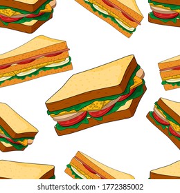 Seamless pattern of delicious drawn sandwiches. Different sandwiches isolated on a white background.You can use it for packaging paper and for design elements.Vector illustration.