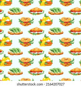 Seamless pattern with delicious food: benedict eggs, avocado toasts, bagel and croissant sandwiches. Orange, beige, white, brown, green, red, yellow green colors. Hand drawn flat vector illustration