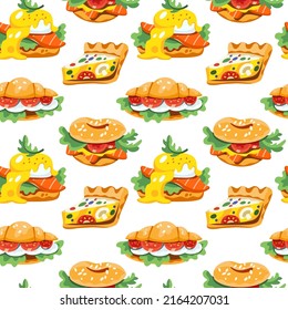 Seamless pattern with delicious food: benedict eggs, quiche tarts, bagel and croissant sandwiches. Orange, beige, white, brown, green, red, yellow green colors. Hand drawn flat vector illustration