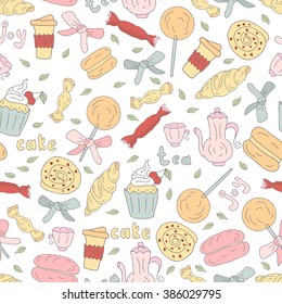 Seamless pattern of delicious food elements. Pastel doodle cupcake, lollipop, candies, croissant, macaroons background. Cute hand drawn seamless texture for design, wrapping, wallpapers, etc.
