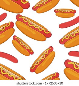 Seamless pattern of delicious hand-drawn hot dogs.Hot dogs with mustard isolated on a white background.You can use it for packaging paper and for design elements.Vector illustration.