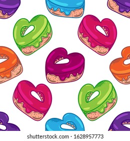 Seamless pattern of delicious heart-shaped chocolate brownie. Donut with multicolor glaze. A gift for Valentine's Day, a declaration of love. Element for holiday card, print, paper. Vector