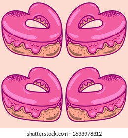 Seamless pattern of delicious heart-shaped chocolate brownie. Donut with pink glaze. A gift for Valentine's Day, a declaration of love. Element for holiday card, print, paper. Vector illustration