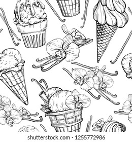 Seamless pattern with delicious ice cream and vanilla pods and flowers. Black and white sketch. Vector illustration