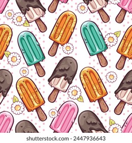 Seamless pattern of delicious Ice cream sticks in various flavors. It's a cute and bright pattern. Pattern for fabric and wrapping paper, Pattern for design wallpaper and fashion prints.