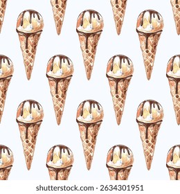 Seamless pattern of delicious ice cream cones with multiple scoops and chocolate drizzle. Vibrant and appetizing, perfect for summer themed designs, food blogs, dessert menus, and creative projects.