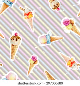 Seamless pattern with delicious ice cream cones on background with colorful stripes. Watercolor painting with spray paint.  Different flavors. Vector illustration