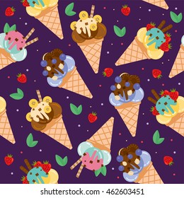 Seamless pattern with delicious ice cream. Sweet cold dessert with strawberry, chocolate, blueberry, banana, cookie and topping. For textile, print, wrapping paper and wallpaper.