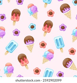 Seamless pattern of delicious Ice creams in various flavours. Cute and bright pattern. Pattern for fabric and wrapping paper. Pattern for design wallpaper and fashion prints.
