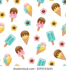 Seamless pattern of delicious Ice creams in various flavours. Cute and bright pattern. Pattern for fabric and wrapping paper. Pattern for design wallpaper and fashion prints.
