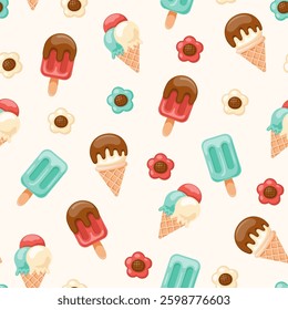 Seamless pattern of delicious Ice creams in various flavours. Cute and bright pattern. Pattern for fabric and wrapping paper. Pattern for design wallpaper and fashion prints.
