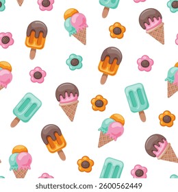 Seamless pattern of delicious Ice creams in various flavours. Cute and bright pattern. Pattern for fabric and wrapping paper. Pattern for design wallpaper and fashion prints.
