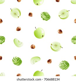 Seamless pattern with delicious  light green twisted meringue (zephyr, marshmallow), appetizing fresh apple  and organic unpeeled brown hazelnut  isolated on white background. 