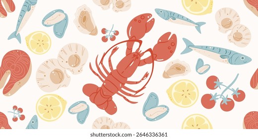 Padrão perfeito com deliciosa lagosta, frutos do mar frescos, limões e tomates. Fundo de verão mediterrâneo e design de banner.