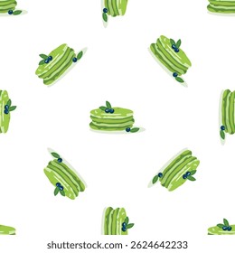 Padrão contínuo de deliciosas panquecas matcha decoradas com mirtilos frescos, criando um design vibrante e apetitoso